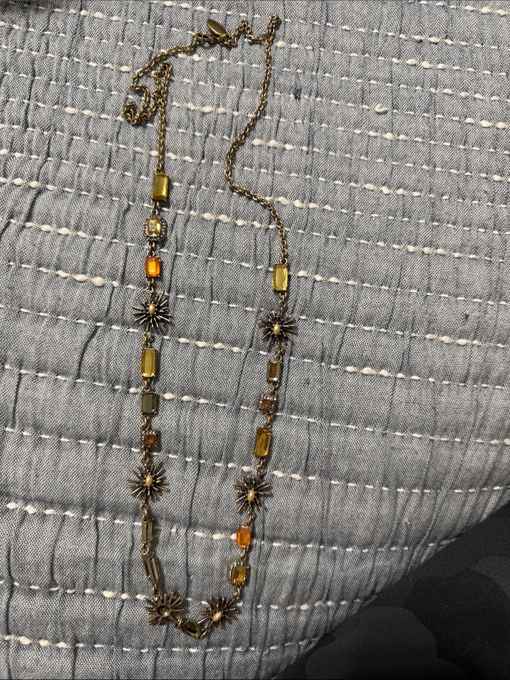 Ann Taylor Brass-Tone Sunburst Necklace with Amber and Olive Stones